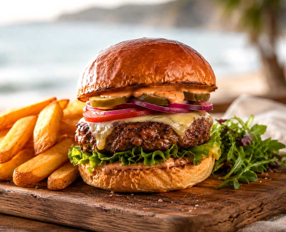 Gourmet burger with thick fries from Smith and Local cafe in Parua Bay, served on Whangārei Heads Road near Whangārei Heads, Ocean Beach and Mt Manaia.